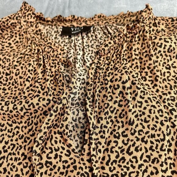 VICI Tiered Midi Dress Size Medium Tan/Black Leopard/Cheetah Print Tie Front - Picture 9 of 16
